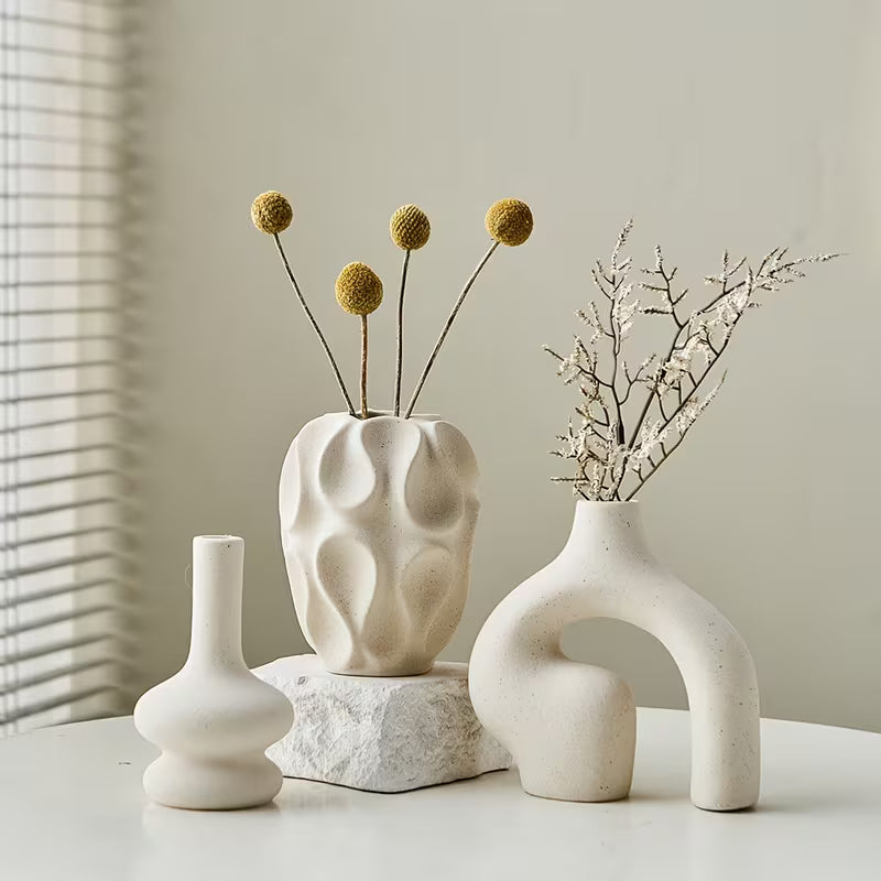 3pcs Boho Ceramic Vase Set - Modern Nordic Minimalist Round & Donut Shaped
